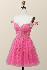 Bridesmaid Dress Black, Off the Shoulder Hot Pink Lace Short Homecoming Dress