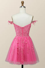 Bridesmaids Dress Black, Off the Shoulder Hot Pink Lace Short Homecoming Dress