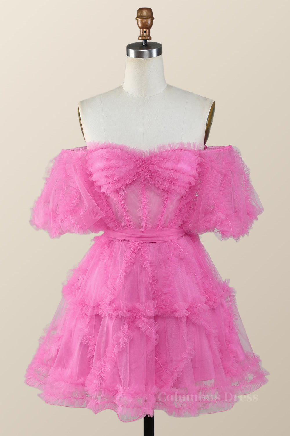 Party Dress In Store, Off the Shoulder Hot Pink Ruffles Short A-line Homecoming Dress