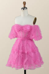 Party Dresses In Store, Off the Shoulder Hot Pink Ruffles Short A-line Homecoming Dress