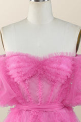 Party Dress Cheap, Off the Shoulder Hot Pink Ruffles Short A-line Homecoming Dress