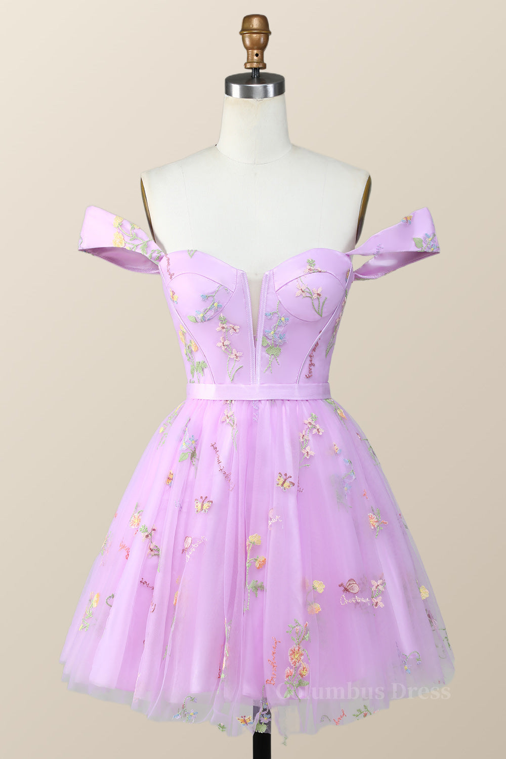 Green Bridesmaid Dress, Off the Shoulder Lavender Floral Embroidered Short Homecoming Dress