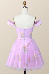Bridesmaids Dress Floral, Off the Shoulder Lavender Floral Embroidered Short Homecoming Dress