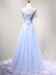Party Dresses Stores, Off the Shoulder Light Blue Floral Long Prom Dresses, Off Shoulder Light Blue Formal Evening Dresses