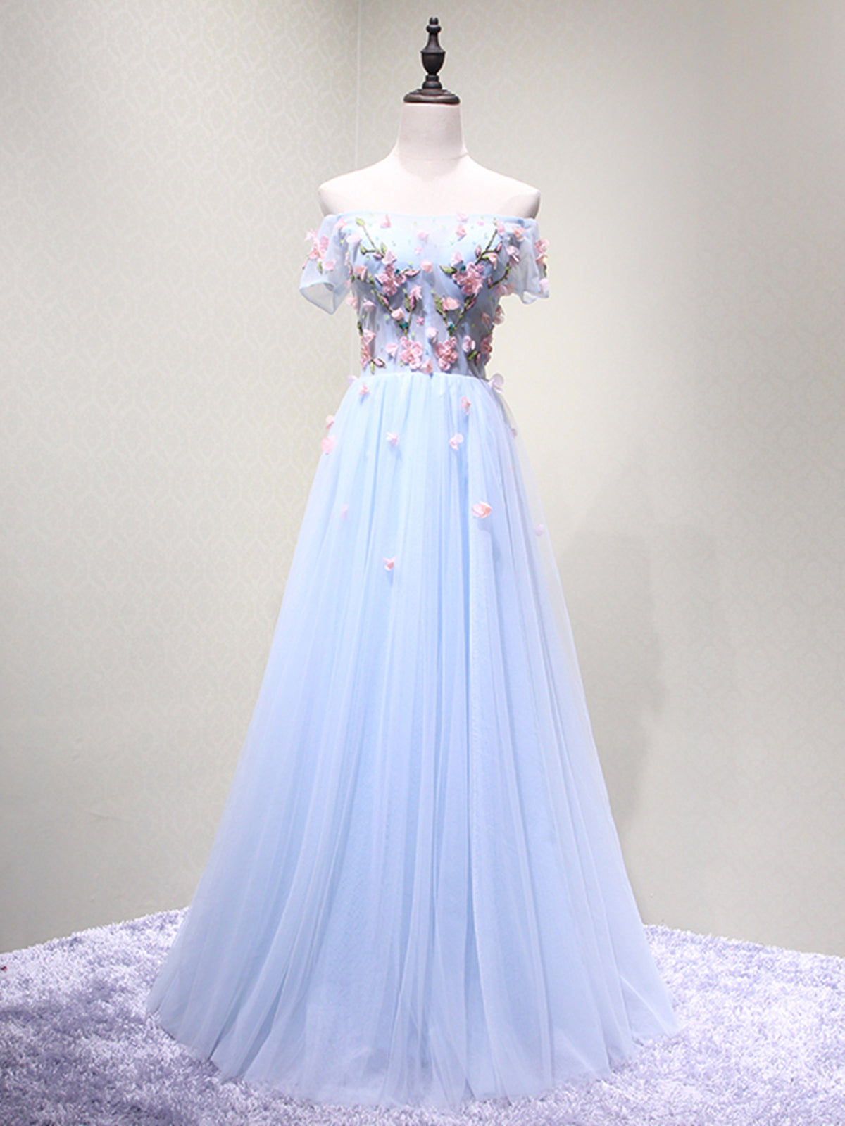 Party Dresses Store, Off the Shoulder Light Blue Floral Long Prom Dresses, Off Shoulder Light Blue Formal Evening Dresses