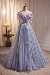 Prom Dress Colorful, Off the Shoulder Lilac Tulle Formal Dress with Butterflies