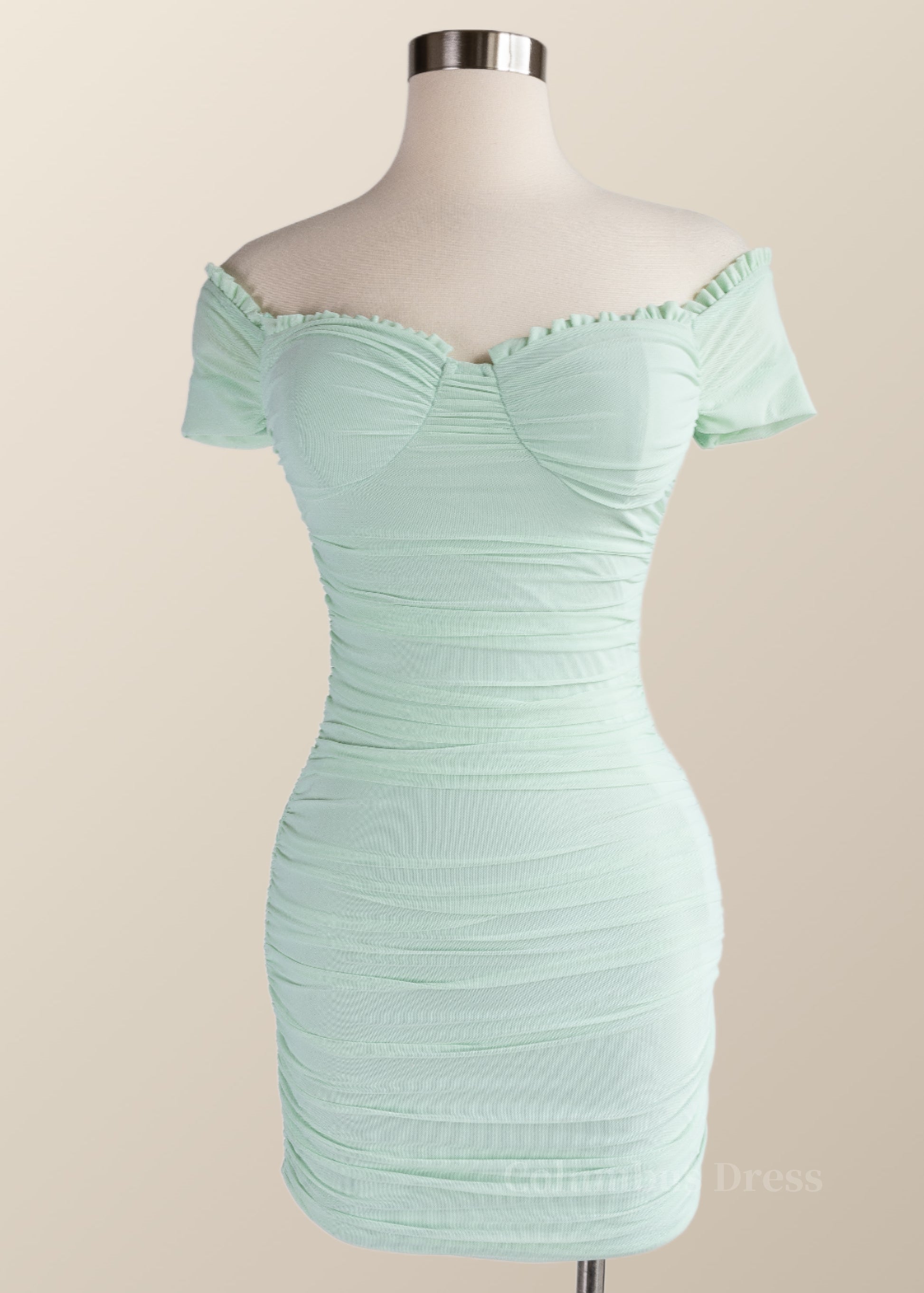 Formal Dress Shops Near Me, Off the Shoulder Mint Green Ruched Bodycon Mini Dress