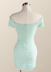Formal Dresses For Weddings Near Me, Off the Shoulder Mint Green Ruched Bodycon Mini Dress