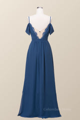 Formal Dresses Floral, Off the Shoulder Navy Blue Chiffon Long Bridesmaid Dress