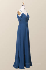 Formal Dresses To Wear To A Wedding, Off the Shoulder Navy Blue Chiffon Long Bridesmaid Dress