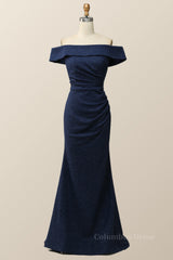 Prom Dresses Off Shoulder, Off the Shoulder Navy Blue Draped Long Formal Dress