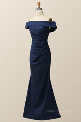 Prom Dress Off Shoulder, Off the Shoulder Navy Blue Draped Long Formal Dress