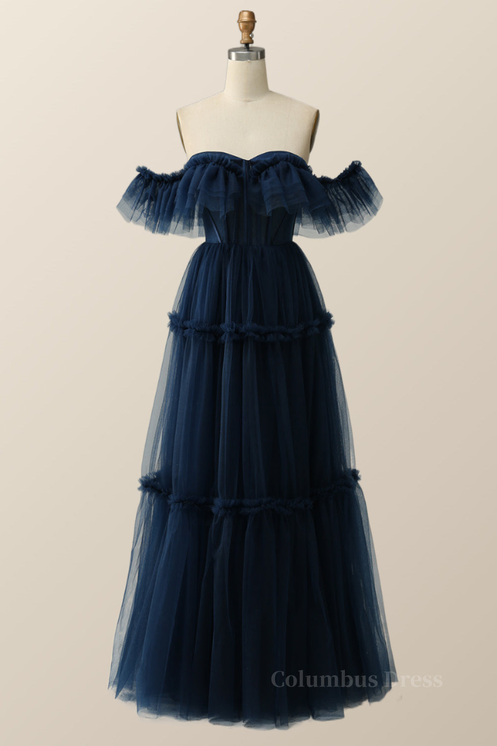 Evening Dress, Off the Shoulder Navy Blue Tulle Formal Gown