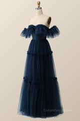 Corset Dress, Off the Shoulder Navy Blue Tulle Formal Gown