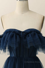 Sweet 21 Dress, Off the Shoulder Navy Blue Tulle Formal Gown