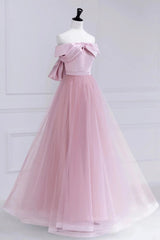 Evening Dress Style, Off the Shoulder Pink Prom Dresses, Pink Tulle Formal Evening Dresses