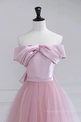Evening Dress Styles, Off the Shoulder Pink Prom Dresses, Pink Tulle Formal Evening Dresses