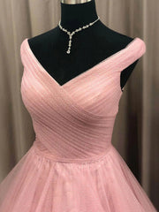 Design Dress Casual, Off the Shoulder Pink Prom Gown, Pink Off Shoulder Long Formal Graduation Dresses
