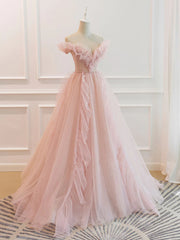 Party Dresses Online, Off the Shoulder Pink Tulle Beaded Long Prom Dresses, Pink Tulle Long Formal Dress