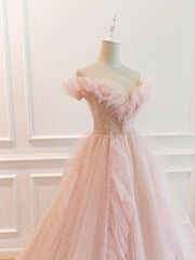 Party Dresses For Teens, Off the Shoulder Pink Tulle Beaded Long Prom Dresses, Pink Tulle Long Formal Dress