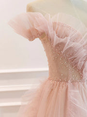 Party Dress Ideas, Off the Shoulder Pink Tulle Beaded Long Prom Dresses, Pink Tulle Long Formal Dress