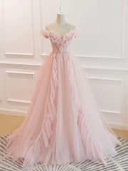 Party Dress Idea, Off the Shoulder Pink Tulle Beaded Long Prom Dresses, Pink Tulle Long Formal Dress