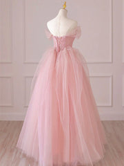 Floral Bridesmaid Dress, Off the Shoulder Pink Tulle Long Prom Dresses, Pink Tulle Long Formal Evening Dresses