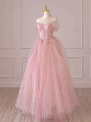 Fashion Dress, Off the Shoulder Pink Tulle Long Prom Dresses, Pink Tulle Long Formal Evening Dresses