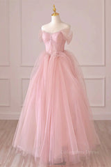 Dress To Wear To A Wedding, Off the Shoulder Pink Tulle Prom Dresses, Pink Tulle Long Formal Graduation Dresses