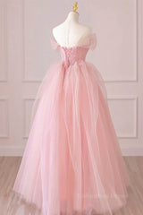 Burgundy Prom Dress, Off the Shoulder Pink Tulle Prom Dresses, Pink Tulle Long Formal Graduation Dresses