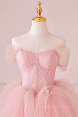 Dance Dress, Off the Shoulder Pink Tulle Prom Dresses, Pink Tulle Long Formal Graduation Dresses