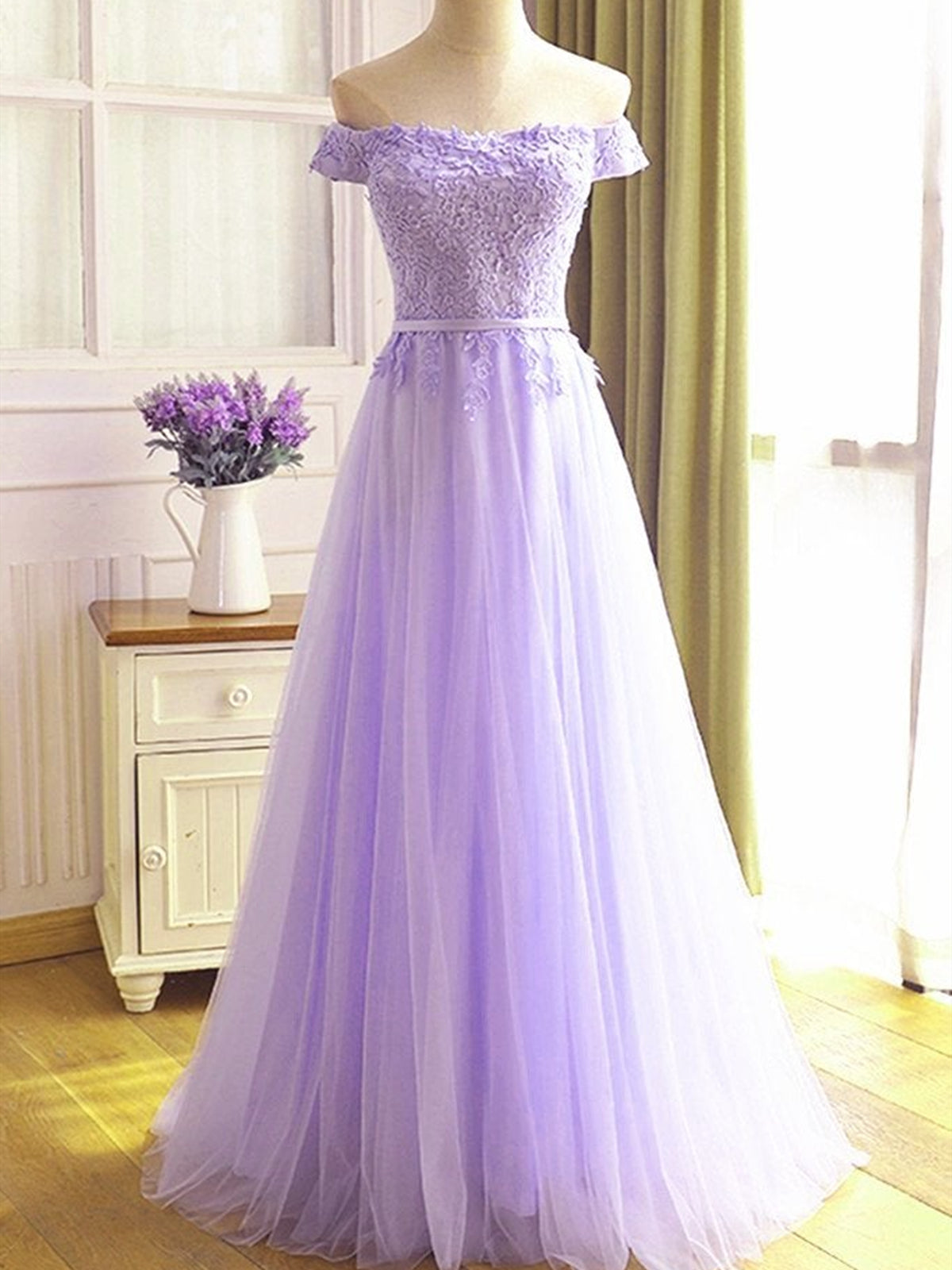 Prom Dress Aesthetic, Off the Shoulder Purple Lace Prom Dresses, Purple Off Shoulder Lace Formal Bridesmaid Dresses