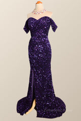 Party Dress Pattern, Off the Shoulder Purple Velvet Sequin Mermaid Party Dress