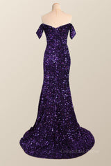 Party Dress Patterns, Off the Shoulder Purple Velvet Sequin Mermaid Party Dress