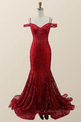 Party Dresses Europe, Off the Shoulder Red Sequin Mermaid Formal Dress