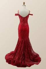 Party Dresses Cocktail, Off the Shoulder Red Sequin Mermaid Formal Dress