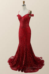 Party Dresses Summer, Off the Shoulder Red Sequin Mermaid Formal Dress