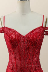 Party Dress For Summer, Off the Shoulder Red Sequin Mermaid Formal Dress