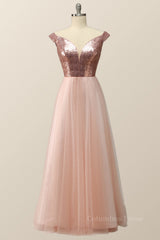 Formal Dresses For Weddings Mother Of The Bride, Off the Shoulder Rose Gols Sequin and Tulle Long Party Dress