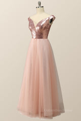 Formal Dresses For Weddings Mothers, Off the Shoulder Rose Gols Sequin and Tulle Long Party Dress