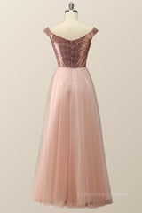 Formal Dresses, Off the Shoulder Rose Gols Sequin and Tulle Long Party Dress