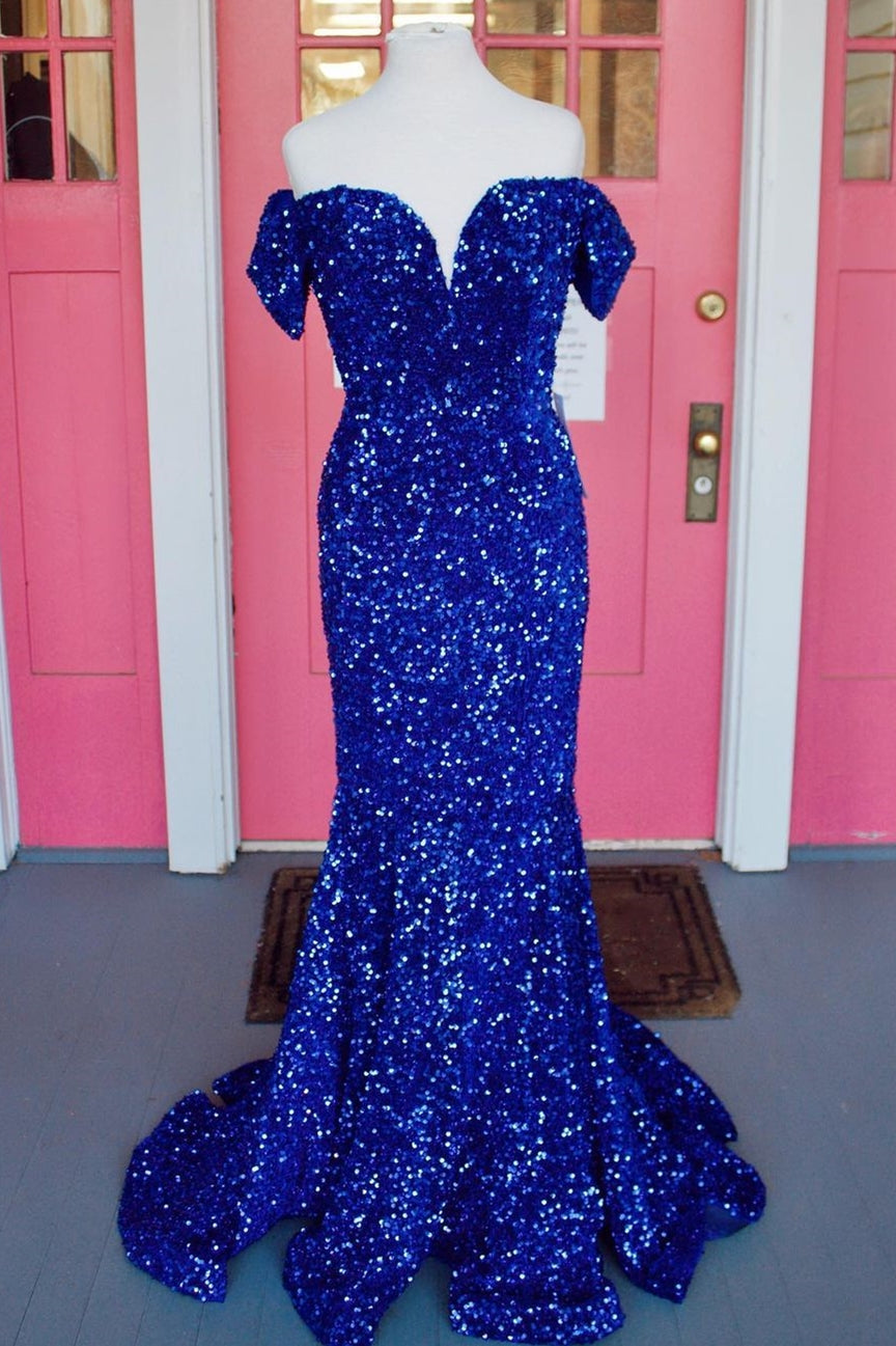Prom Dresses Blue, Off the Shoulder Royal Blue Sequins Mermaid Long Formal Dress,Prom Dresses