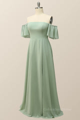 Bridesmaid Dresses Shop, Off the Shoulder Sage Green Chiffon Long Bridesmaid Dress