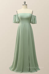 Bridesmaid Dresses Shops, Off the Shoulder Sage Green Chiffon Long Bridesmaid Dress
