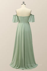Bridesmaid Dress Shopping, Off the Shoulder Sage Green Chiffon Long Bridesmaid Dress