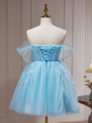 Bridesmaid Dresses Long Sleeves, Off the Shoulder Short Blue Prom Dresses, Short Blue Lace Formal Homecoming Dresses
