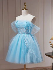 Bridesmaids Dresses Long Sleeves, Off the Shoulder Short Blue Prom Dresses, Short Blue Lace Formal Homecoming Dresses