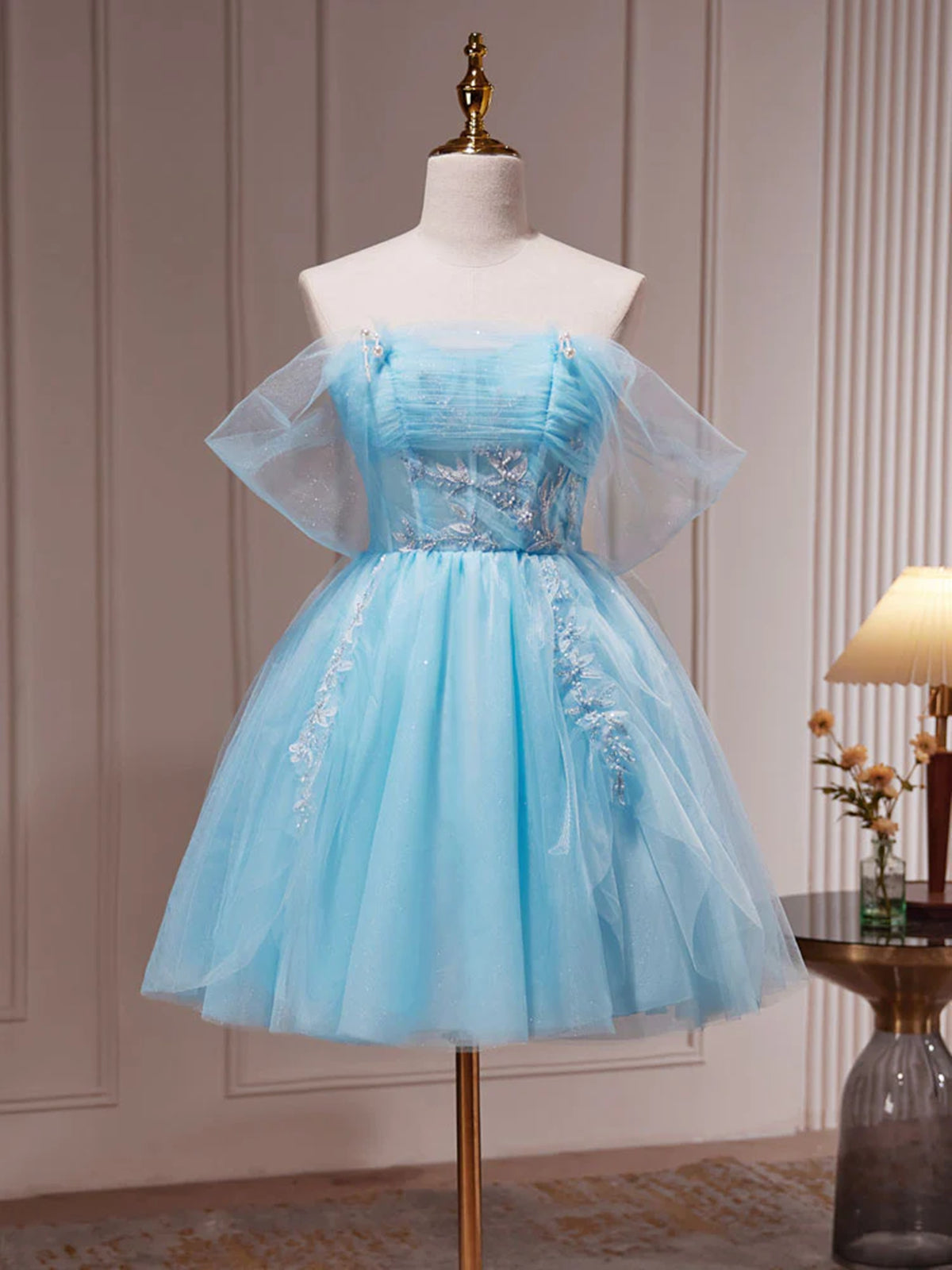 Bridesmaid Dress With Sleeves, Off the Shoulder Short Blue Prom Dresses, Short Blue Lace Formal Homecoming Dresses