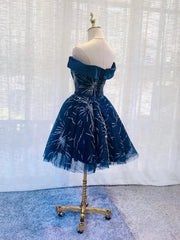Bridesmaid Dress Burgundy, Off the Shoulder Short Navy Blue Prom Dresses, Short Dark Blue Formal Homecoming Dresses