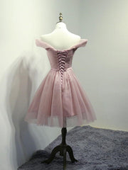 Formal Dresses Gown, Off the Shoulder Short Pink Tulle Prom Dresses, Short Pink Formal Bridesmaid Dresses